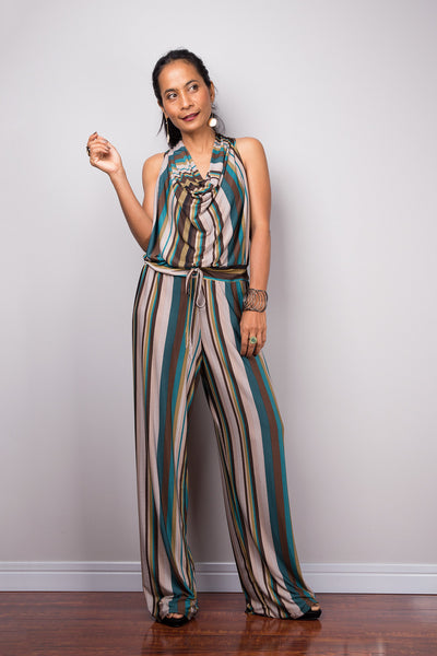 Striped Jumpsuit | Halter top with cowl neck jumper