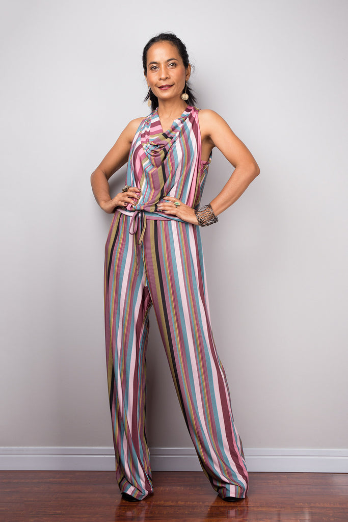 Striped Jumpsuit  Halter top jumper with cowl neck – Nuichan