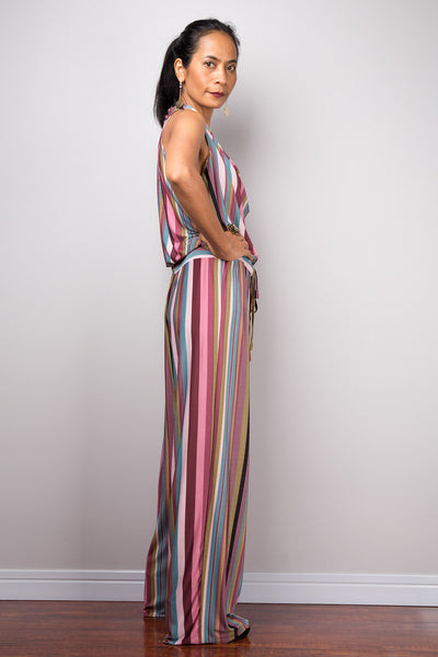 Striped Jumpsuit | Halter top jumper with cowl neck