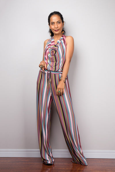 Striped Jumpsuit | Halter top jumper with cowl neck