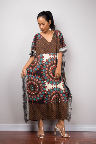 Bohemian Midi Kaftan Dress, Boho Loose fit tube dress with fringe, Beach wear