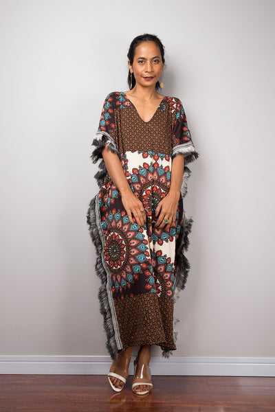 Bohemian Midi Kaftan Dress, Boho Loose fit tube dress with fringe, Beach wear