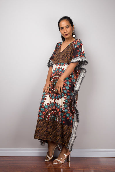 Bohemian Midi Kaftan Dress, Boho Loose fit tube dress with fringe, Beach wear