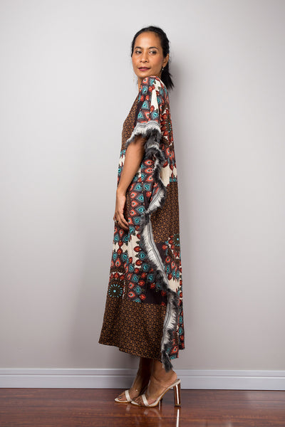 Bohemian Midi Kaftan Dress, Boho Loose fit tube dress with fringe, Beach wear