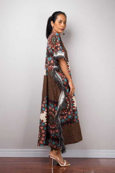 Bohemian Midi Kaftan Dress, Boho Loose fit tube dress with fringe, Beach wear