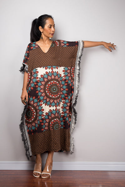 Bohemian Midi Kaftan Dress, Boho Loose fit tube dress with fringe, Beach wear