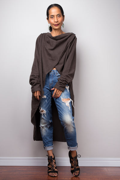 Brown Cardigan | Cross front Tunic | Brown Long Sleeved Cardigan | Swallowtail tunic