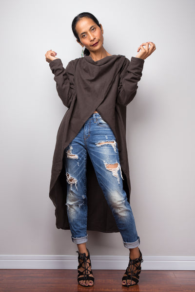 Brown Cardigan | Cross front Tunic | Brown Long Sleeved Cardigan | Swallowtail tunic