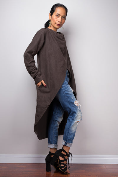 Brown Cardigan | Cross front Tunic | Brown Long Sleeved Cardigan | Swallowtail tunic