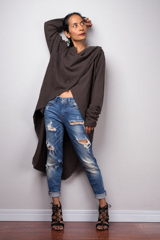 Brown Cardigan | Cross front Tunic | Brown Long Sleeved Cardigan | Swallowtail tunic
