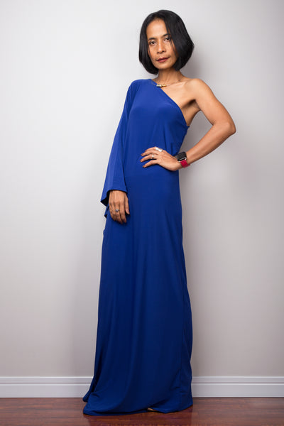 Blue one shoulder dress, Long blue dress by Nuichan