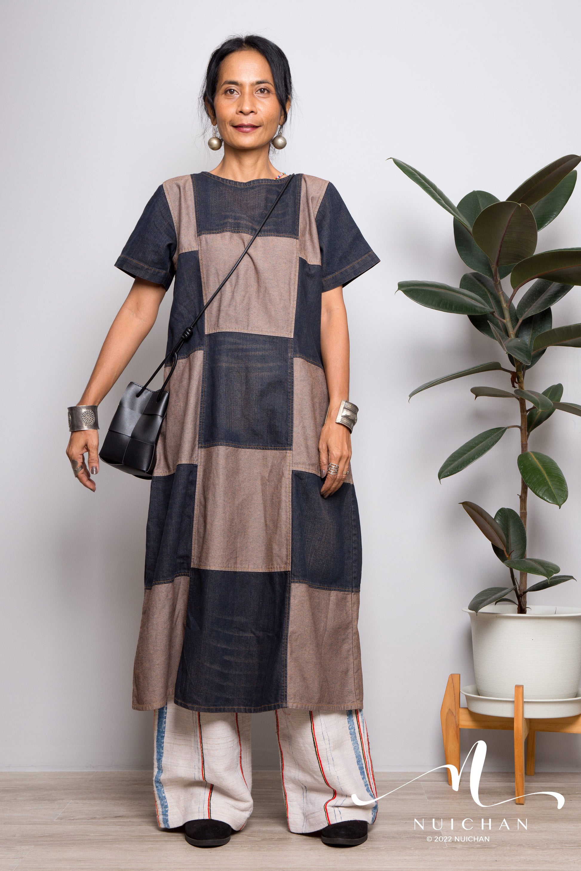mid patchwork fashion dress Patchwork Boho Denim Midi Dress with Ruffle Hem Latte / Medium