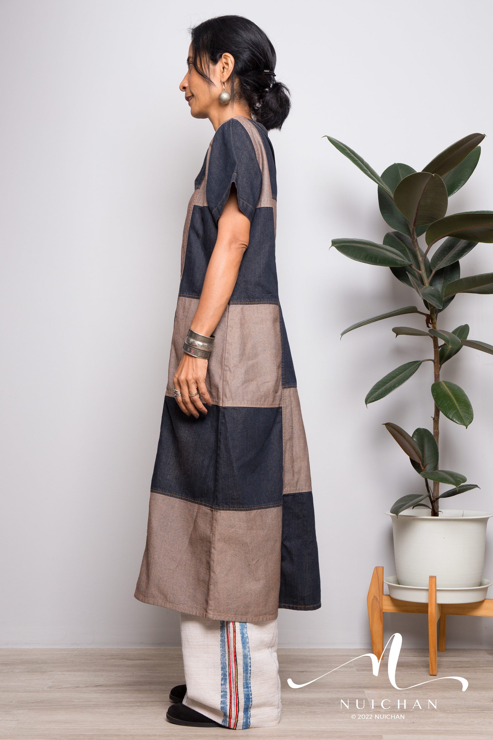 boho denim dress Denim Patchwork Mid-Length Dress - Stonewashed