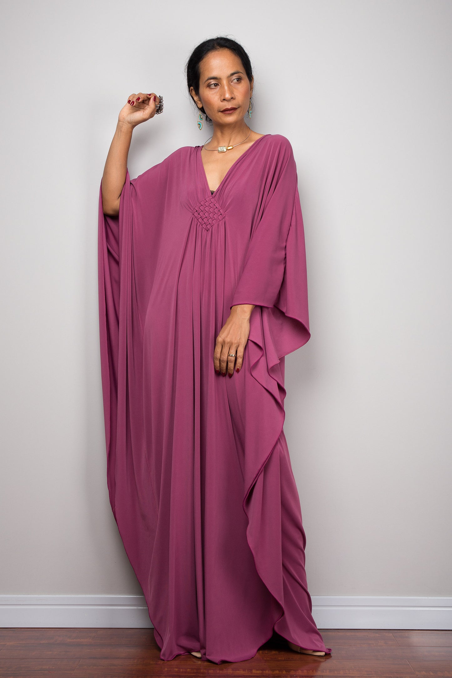 Plum purple kaftan dress with v neck and batwing sleeves