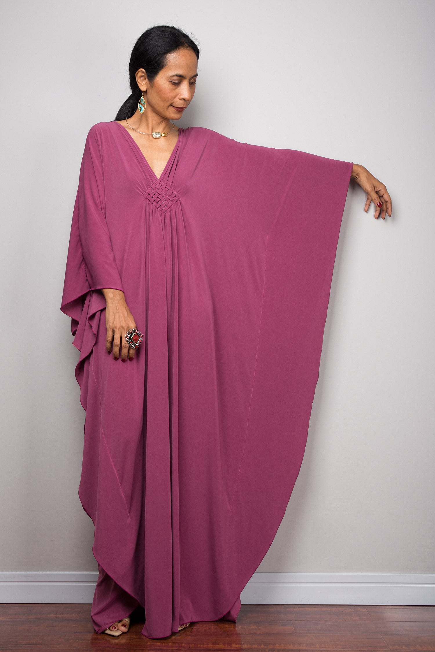 Batwing sleeve caftan dress by Nuichan. Plum purple with v neck design