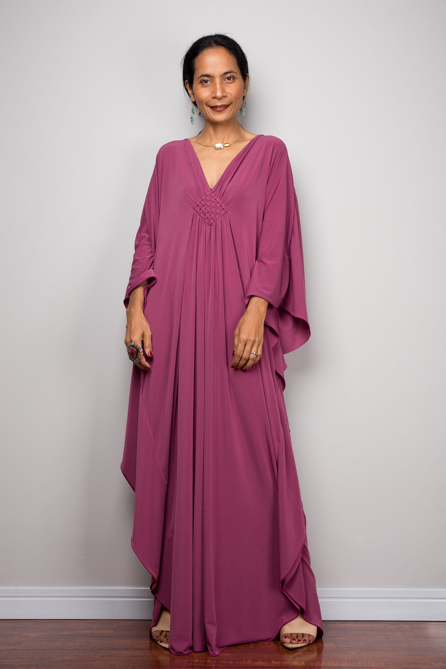 Long plum purple kaftan dress with v neck