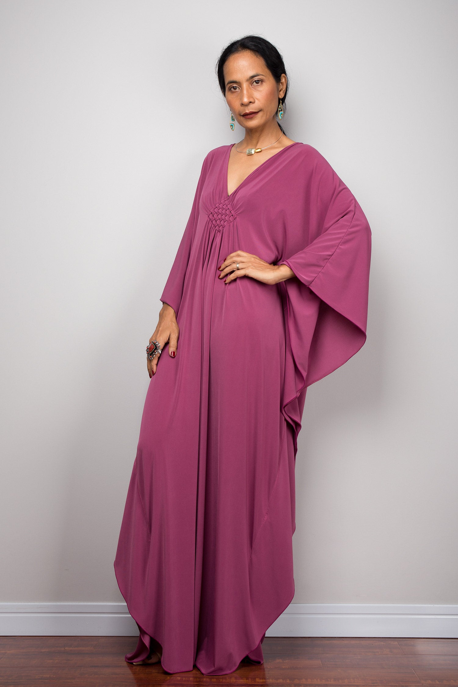 Long purple kaftan dress with v neck - side view