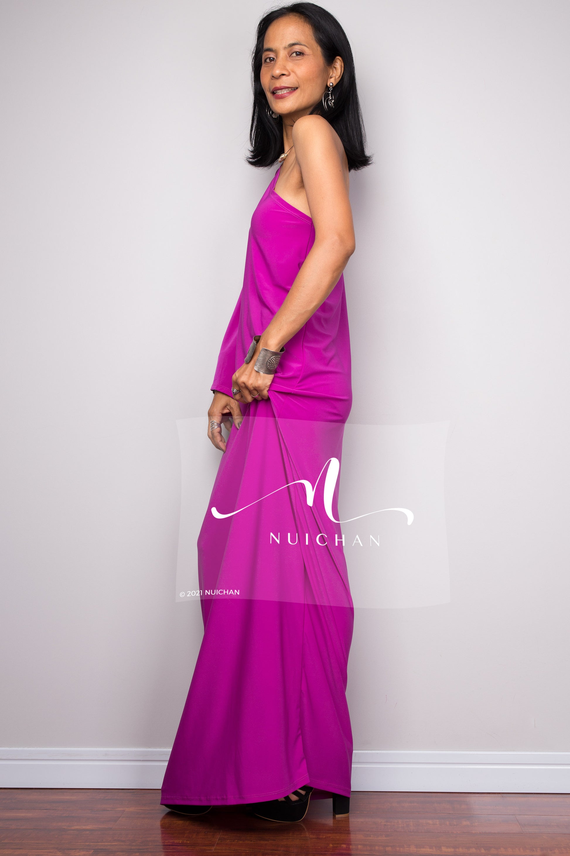 Magenta Purple One Shoulder Dress | Chic Evening Caftan by Nuichan Magenta Purple One Shoulder Dress | Chic Evening Caftan by Nuichan