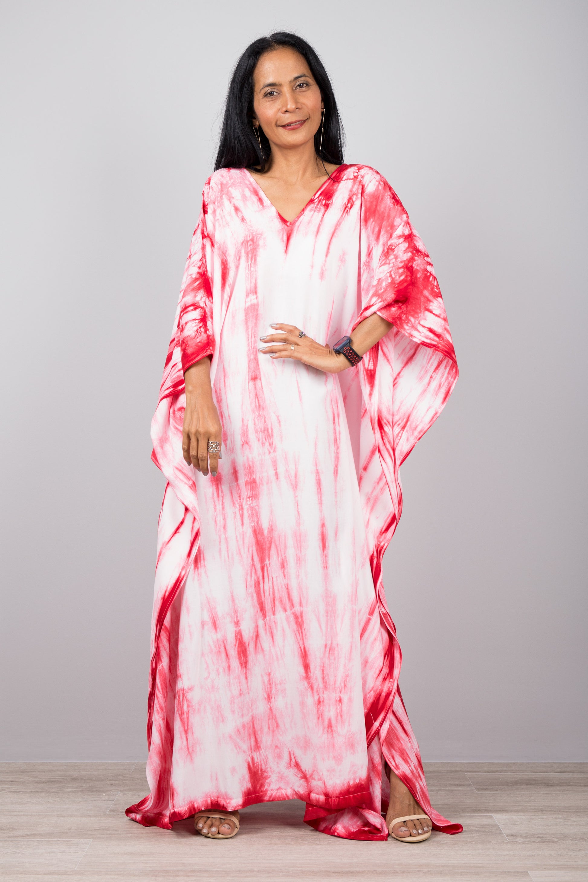 red and white kaftan dress Vintage Kaftan: Stunning Vintage 1970s Red & White Long Kaftan Dress / House Dress With Flared Sleeves and Matching Headband by Sloppers