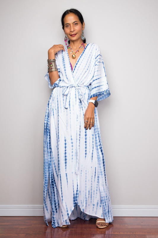 Indigo tie dye cardigan.  Open front cardigan with sash.