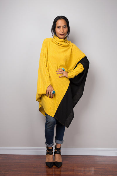 Yellow Poncho, Two tone tunic, Yellow and Black tunic, batwing tunic, top dress, sweater dress