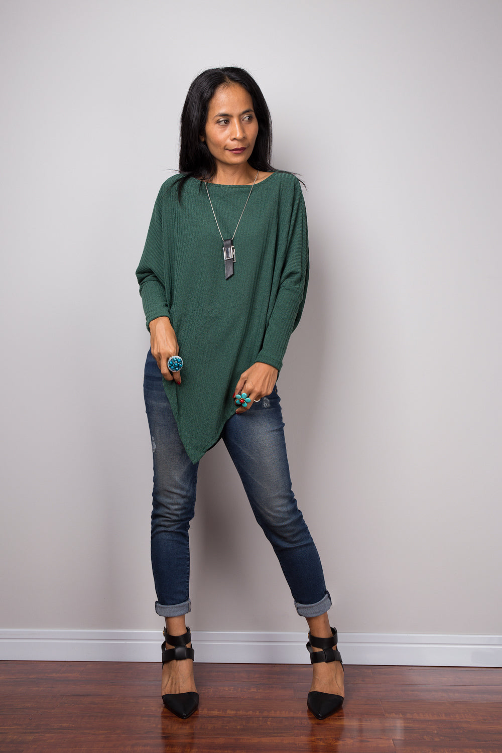 Green Sweater, Long sleeve tunic, Green Pullover, Poncho sweater