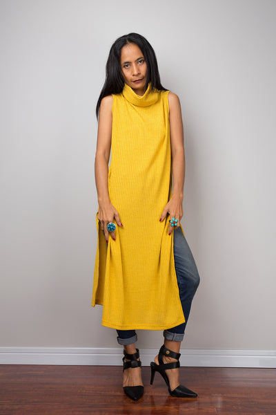 Yellow dress, Mid length turtleneck dress, Split dress, Sleeveless dress, knitted yellow dress