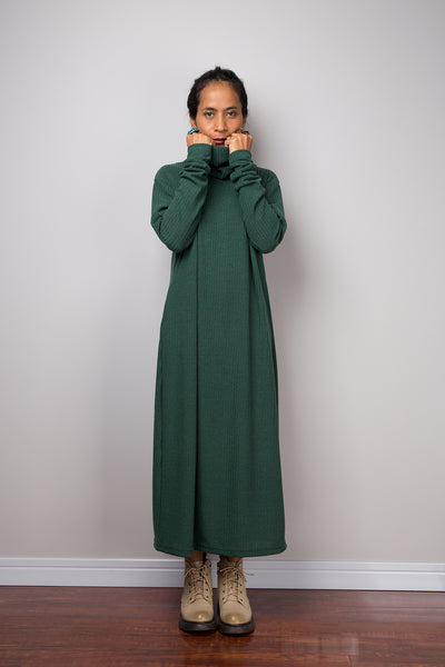 Forrest green dress, Mid length turtleneck dress, Tube dress, Long sleeve dress, knitted green dress