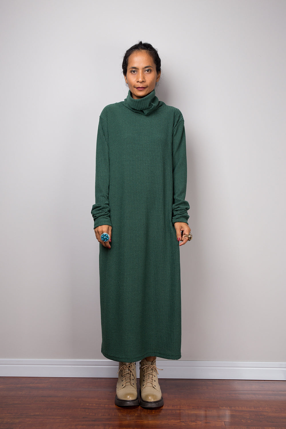 green long sleeve turtleneck dress Ribbed Turtle Neck Long Sleeve Mini Sweater Dress Green / M
