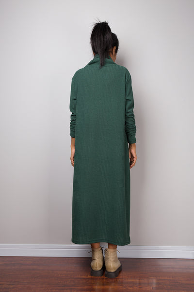 Forrest green dress, Mid length turtleneck dress, Tube dress, Long sleeve dress, knitted green dress