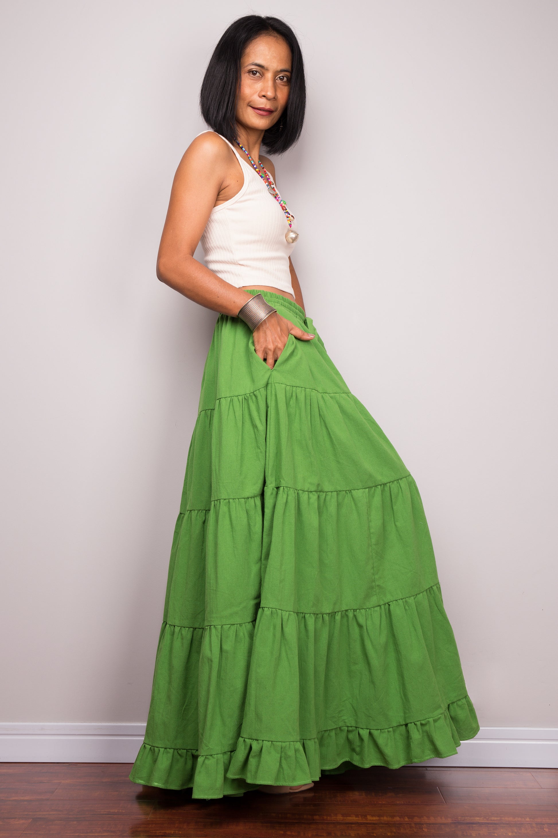 Cotton tiered skirt.  Green maxi skirt by Nuichan