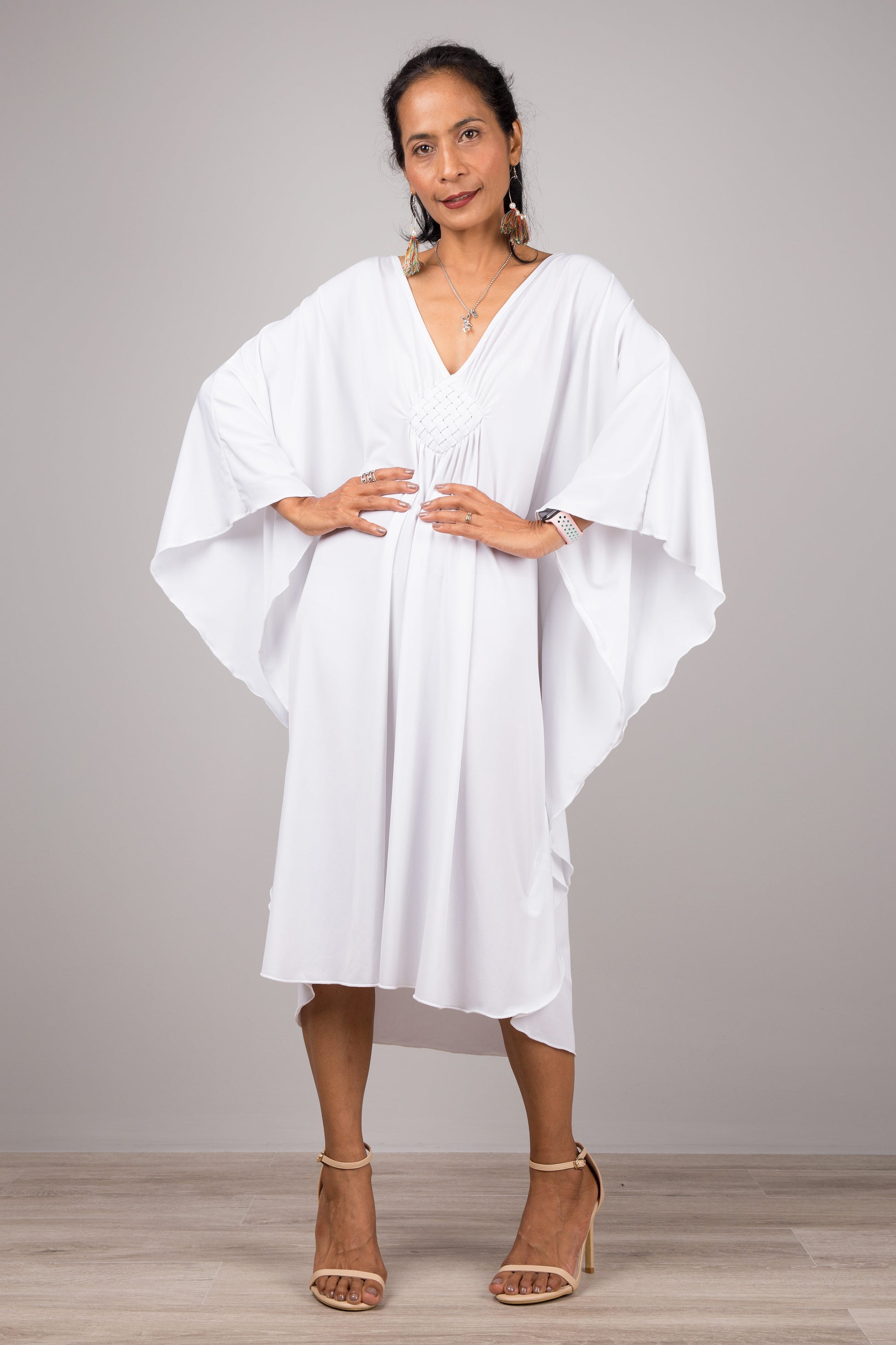 white kaftan dress short White Pleated V-Neck Short Kaftan Oversize Tunic Dress Summer Cover