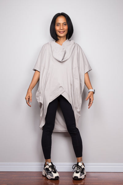 Grey pullover tunic dress with cowl neck