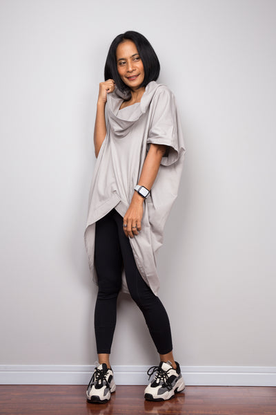 Grey pullover tunic dress with cowl neck