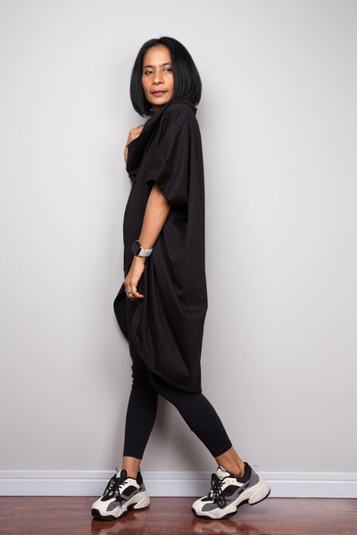 Black pullover tunic dress with cowl neck