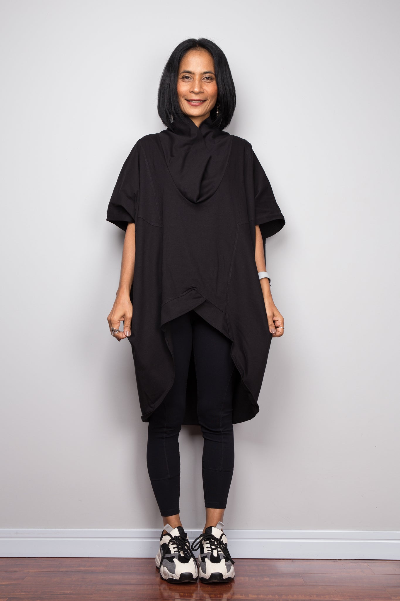 Black pullover tunic dress with cowl neck
