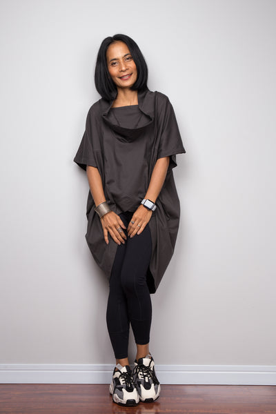Dark grey pullover tunic dress with cowl neck