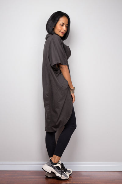 Dark grey pullover tunic dress with cowl neck