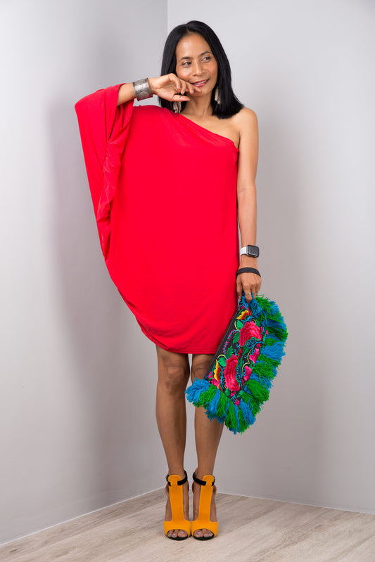 Nuichan women's short red dress for petite.  Off shoulder cocktail party dress by Nuichan