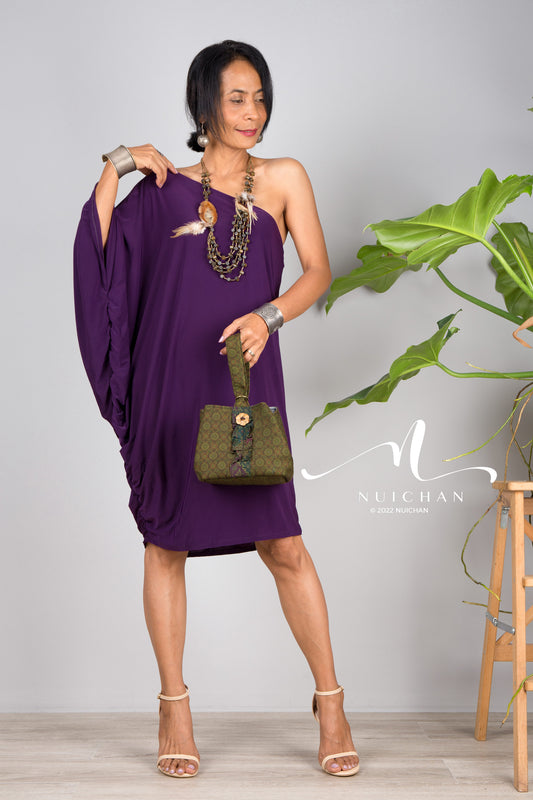 Nuichan women's short dark purple dress. Off shoulder party dress 