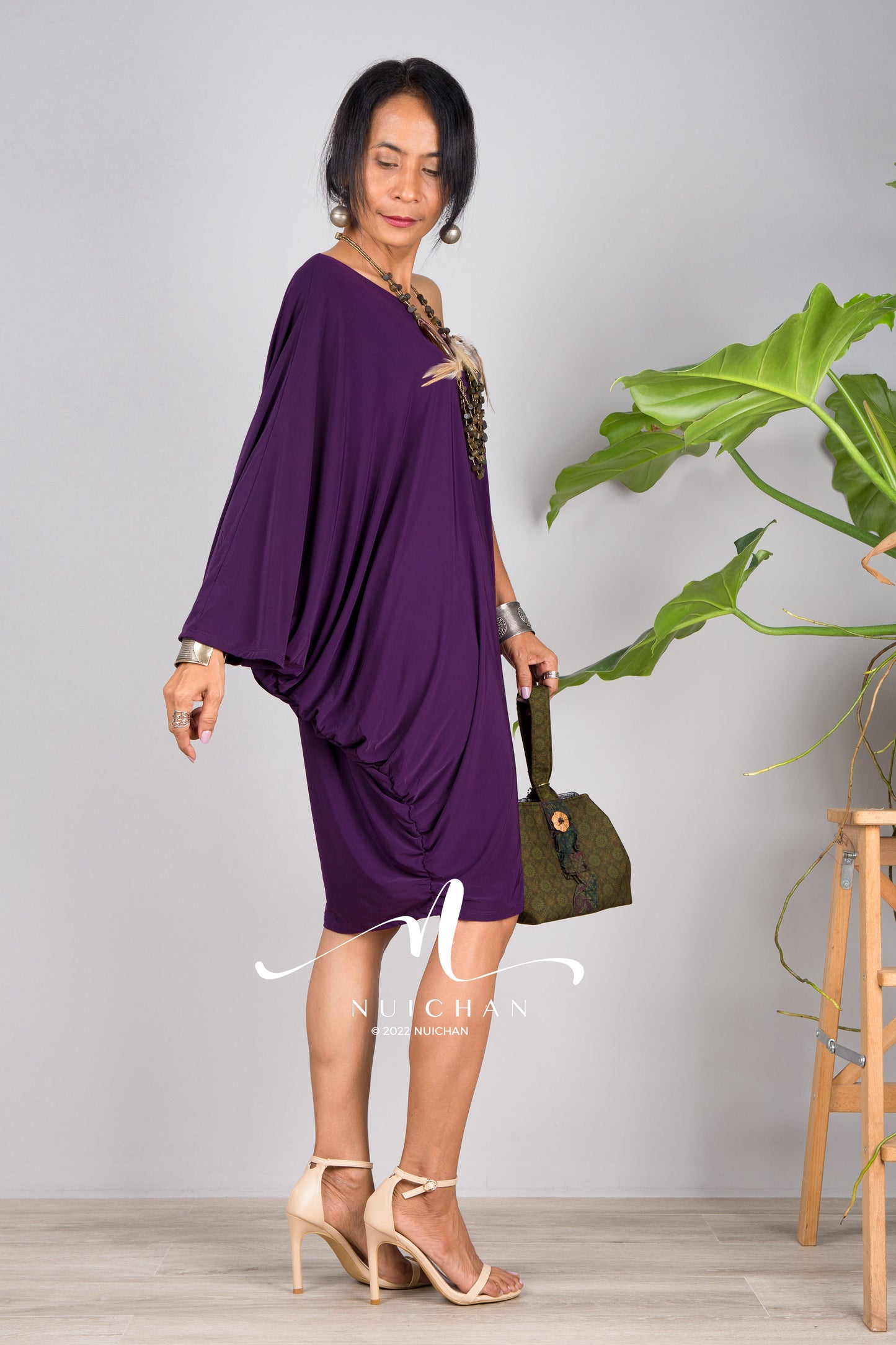 Nuichan women's short dark purple dress. Off shoulder party dress 