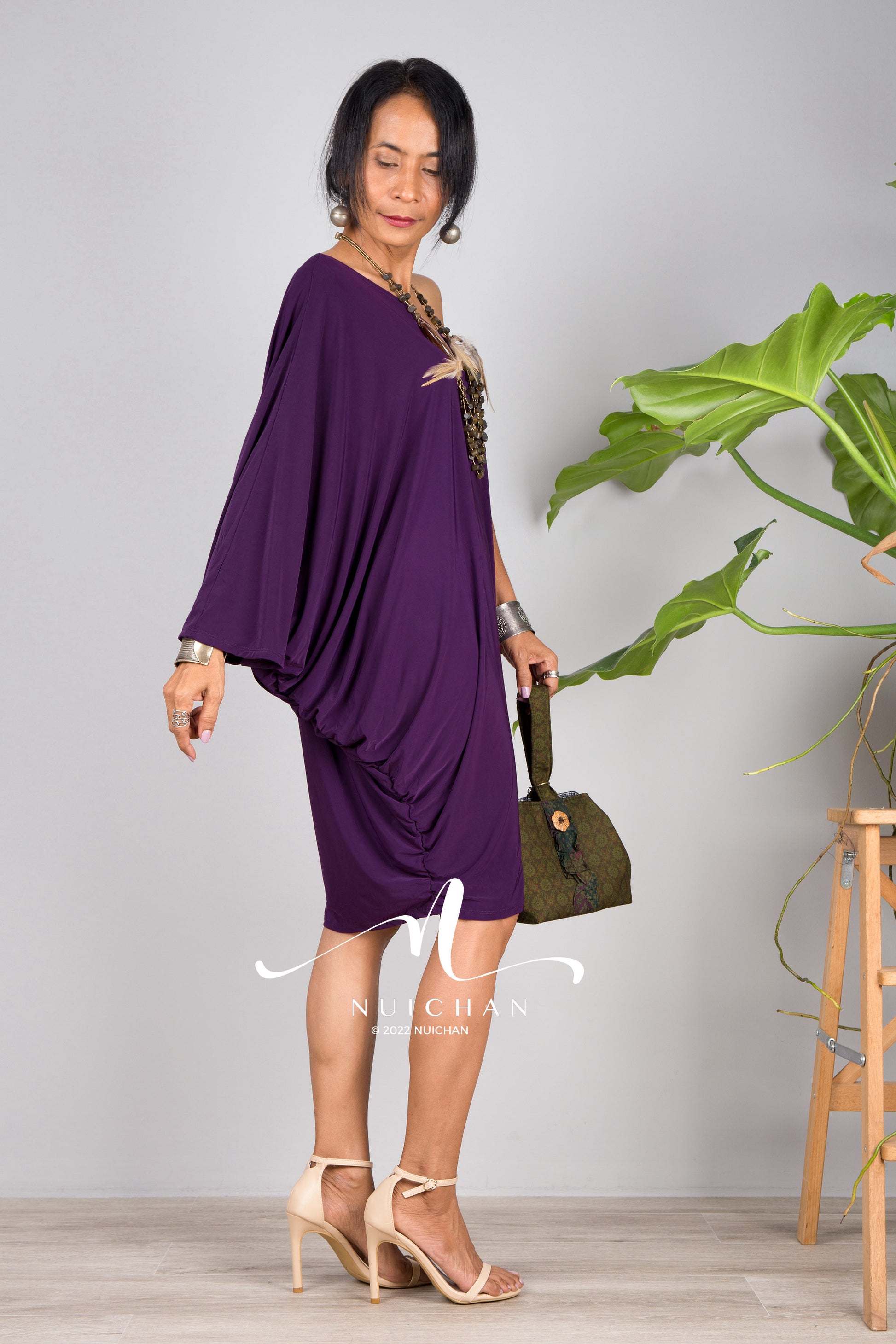 Nuichan women's short dark purple dress. Off shoulder party dress 
