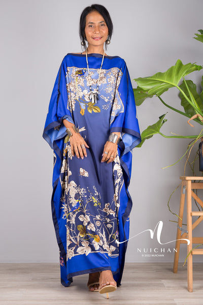 Nuichan women's silk kaftan dress | Tropical print dress online