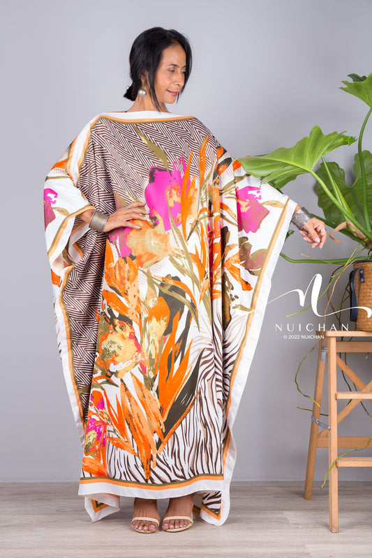 Nuichan women's silk kaftan dress | Tropical print dress online