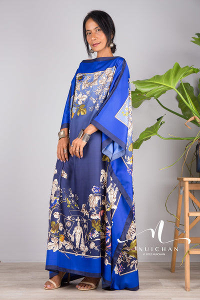 Nuichan women's silk kaftan dress | Tropical print dress online