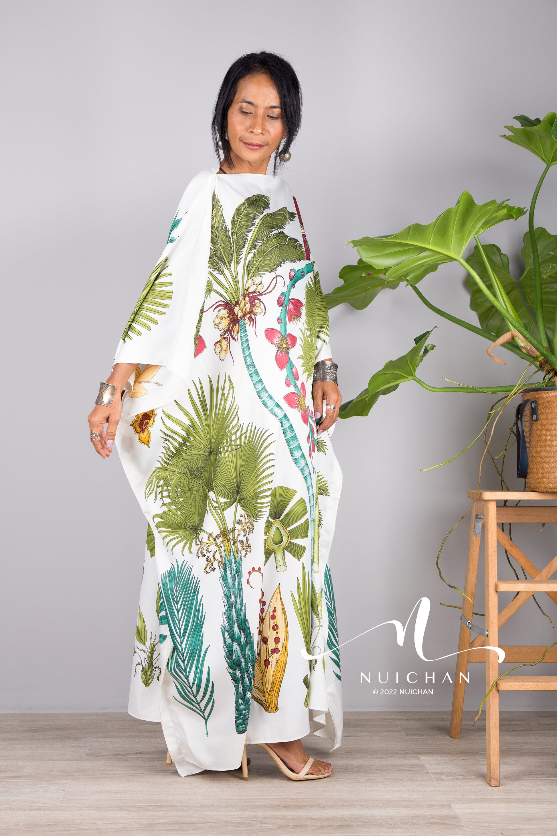 Nuichan women's silk white kaftan dress | Tropical print dress online