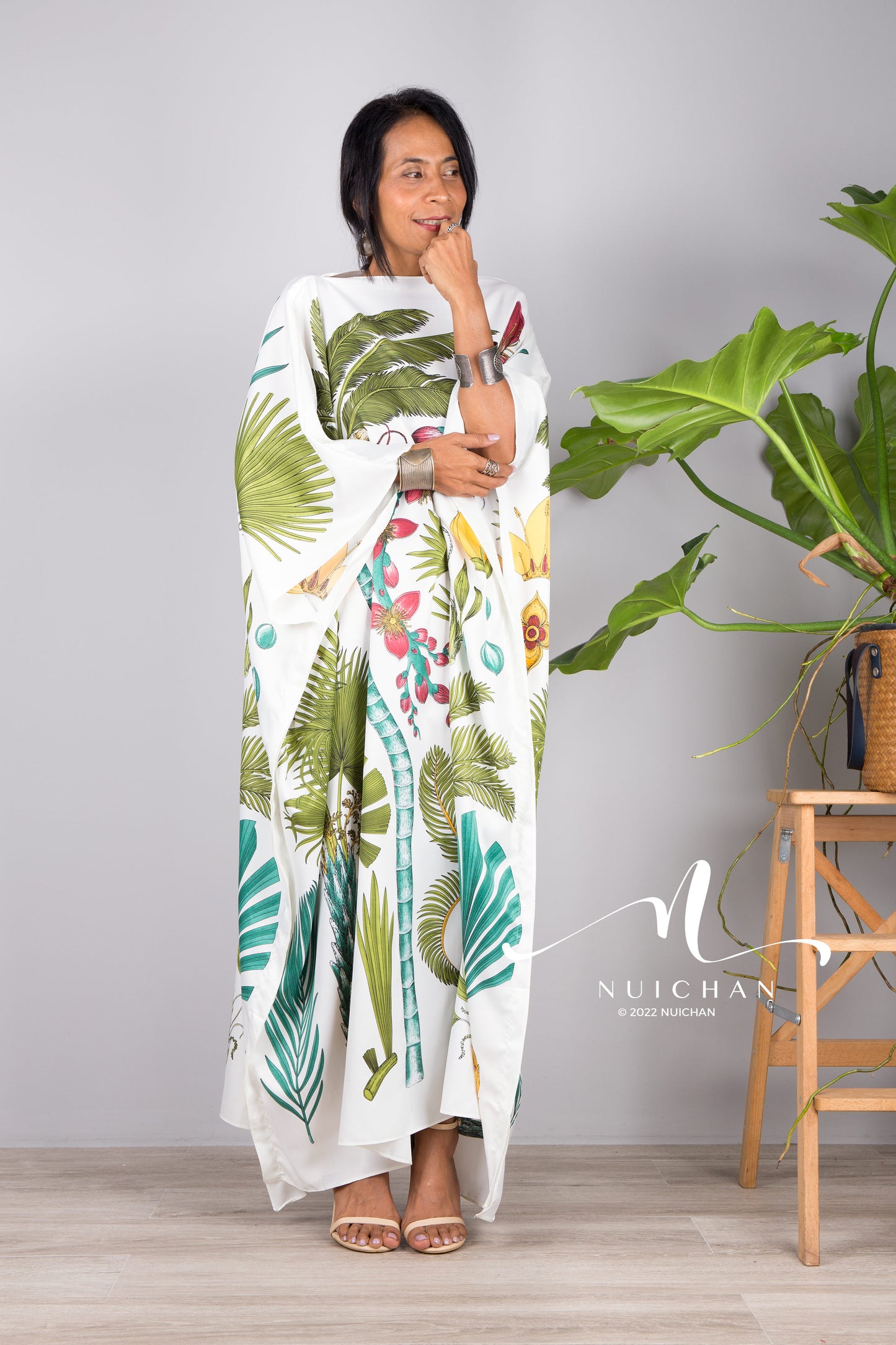 Nuichan women's silk white kaftan dress | Tropical print dress online