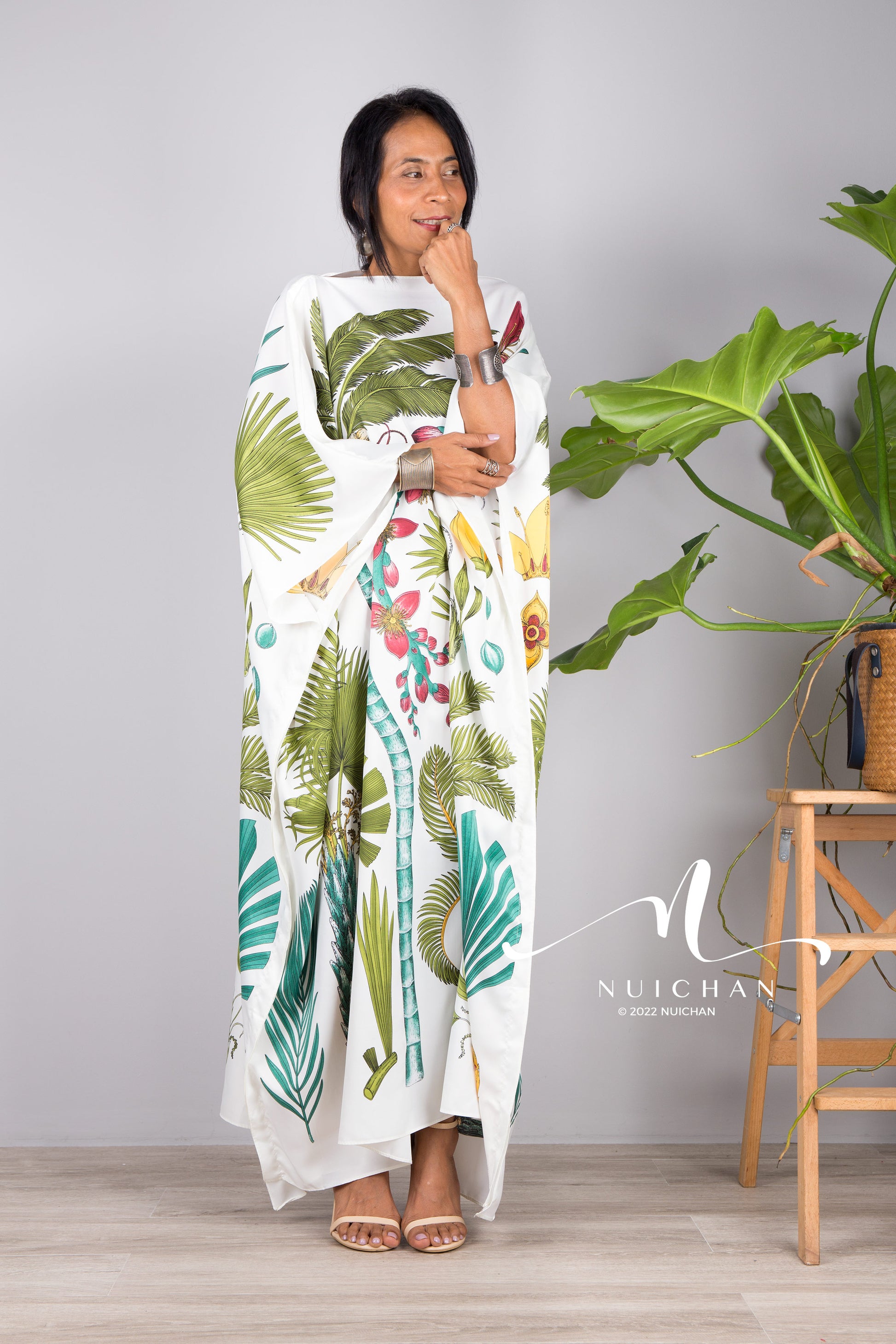 Nuichan women's silk white kaftan dress | Tropical print dress online