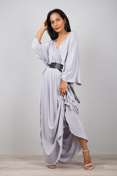 Light grey kaftan dress with plunging neckline.  Diamond shape woven detail just below neckline.  A true classic toga dress by Nuichan