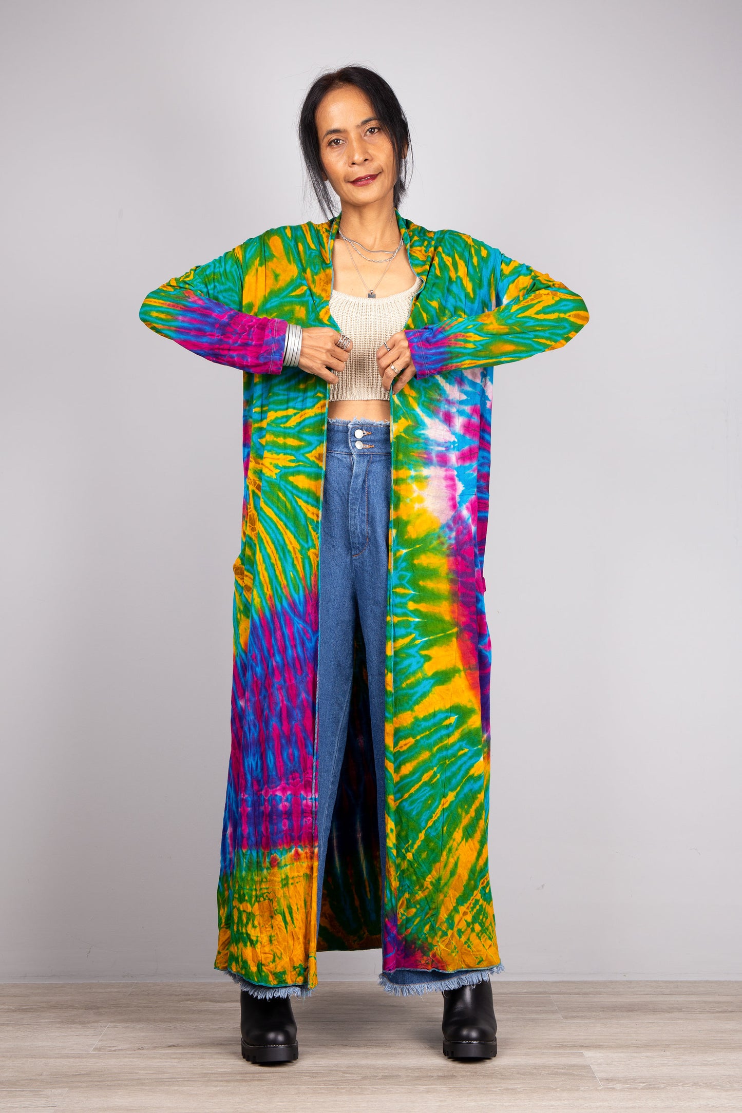 Open front tie-dye cardigan.  Front view